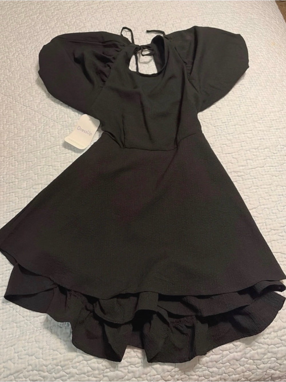 Black Puff-Sleeve Woman’s Dress/romper with Tie Back